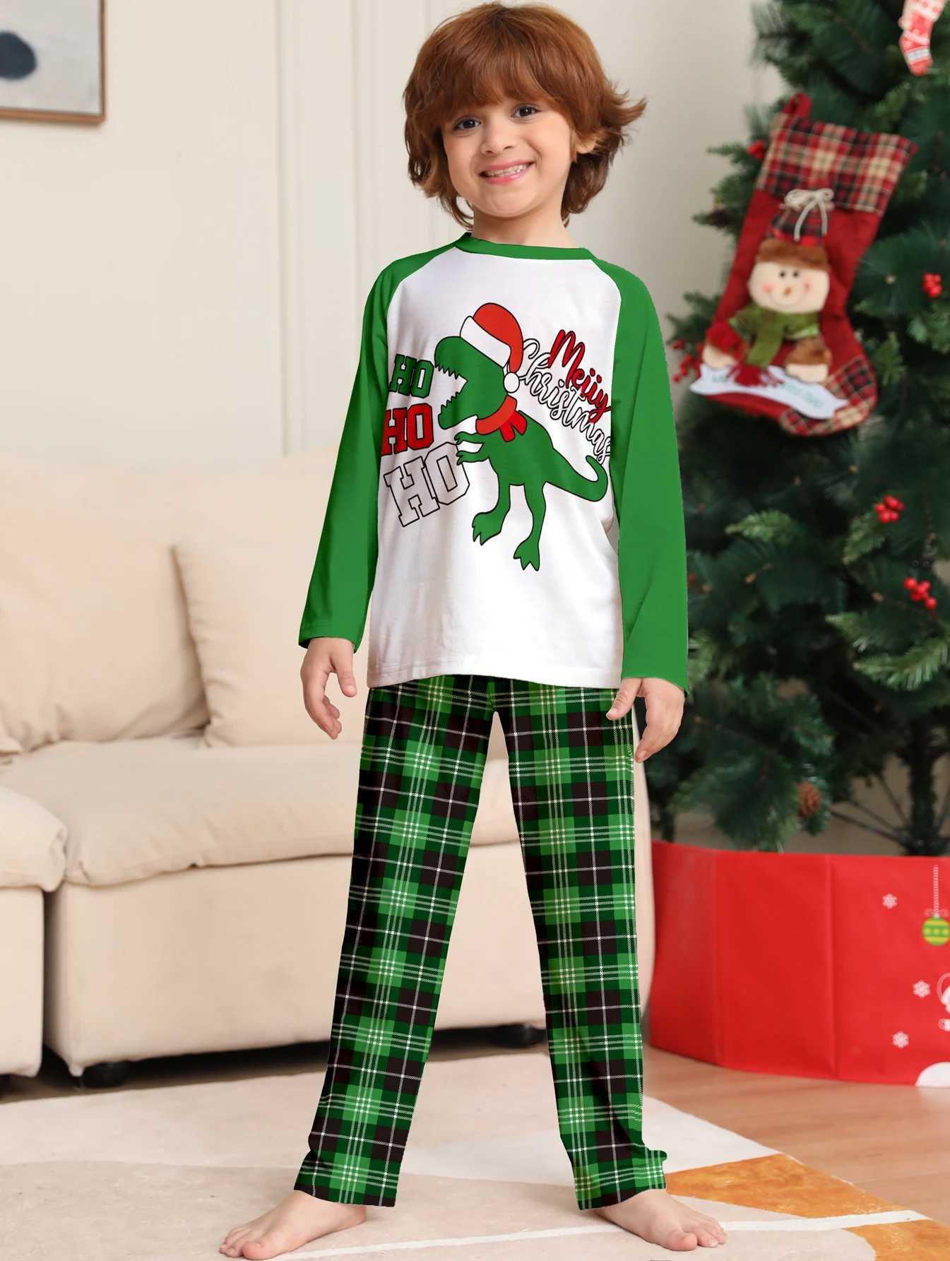 Parent Child Christmas Pajamas Set White Green Plaid Dinosaur Merry Christmas Prints L251021LW8B