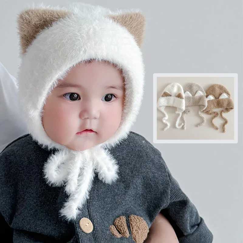 Cute Cat Baby Ear Protection Cap Winter Warm Thick Fur Knit Hat Solid Color Cartoon Kids Boy Girls Plush Hats J251021