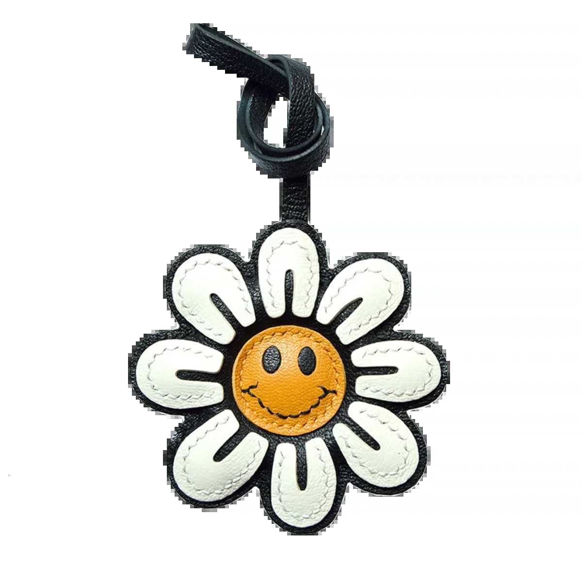 Real Sheepskin Leather Smile Flower Bag Charm Rearview Mirror Car Keychain Trendy Pair For Birthday Gift Key Chains For Women W251021