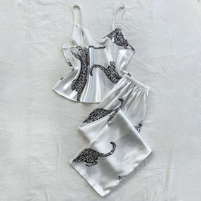 Leopard Print Camisole and Long Pants Fashionable Imitation Silk Homewear Pajama Set