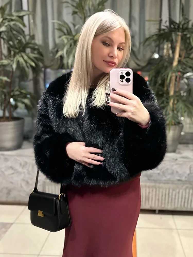 DEAT Fashion Brown Faux Fur Coat Womens Round Neck Loose Long Sleeves Plush Thick Short Jacket Winter New 7A14211 Y251105