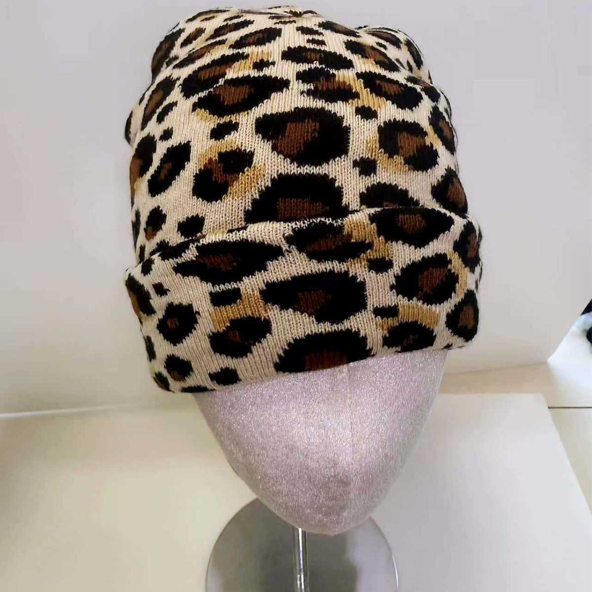 Fashion Winter Leopard Print Jacquard Knitted Hat Brimless Warm Cold Hat Fleece Lined Thick Versatile Knit Hat H251020