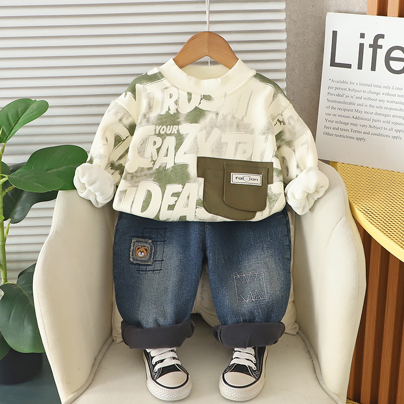 luxury kids clothing 2025 Boys Fleece-Lined Sweatshirt Set, Crewneck Jogger Outfit with Patch Pocket, Warm 2-Piece Autumn Winter Clothes