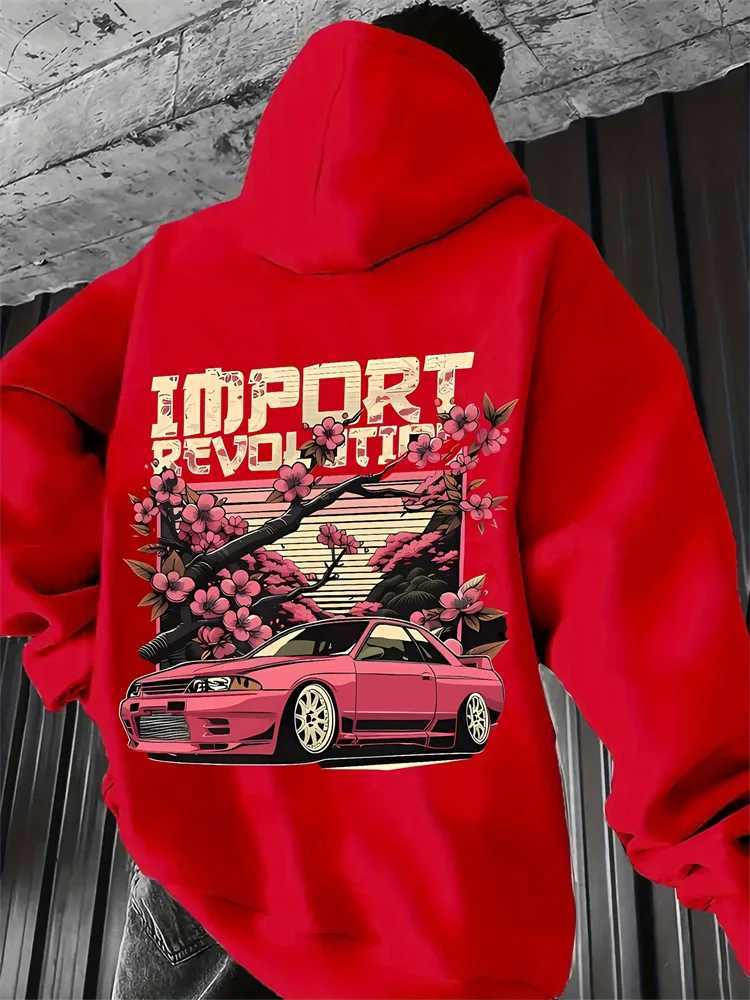 Mens Casual Hoodie Cherry Blossom and Racing Pattern Print import Revolution Text Regular Style Autumn and Winter Pullover W251021