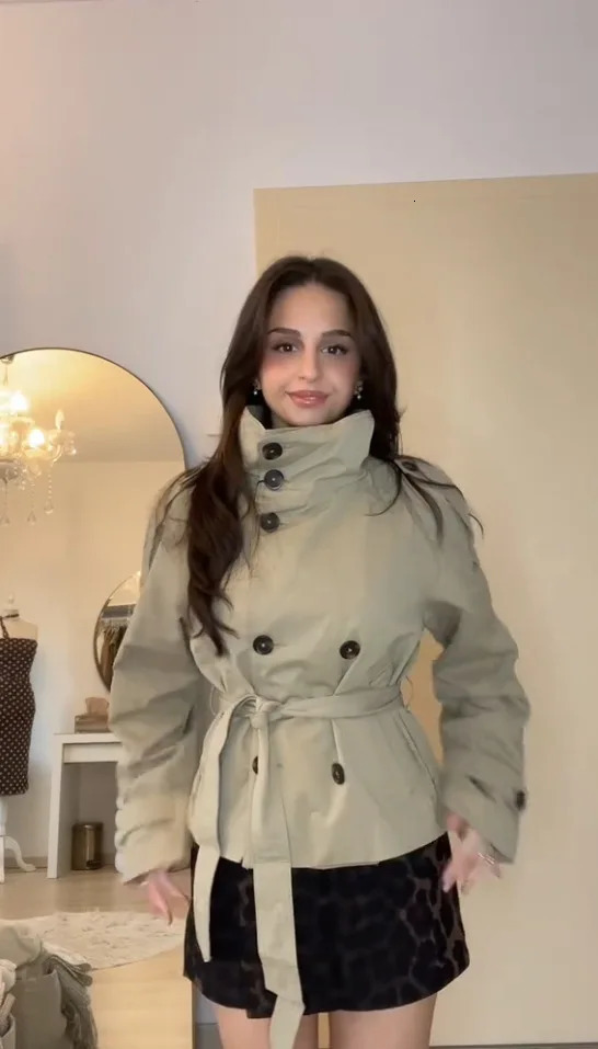 Belted Waist Cropped Trench Jackets Women Double Breasted Stand Collar Coats Autumn Chic Casual Vintage Jacket Cloth 251021