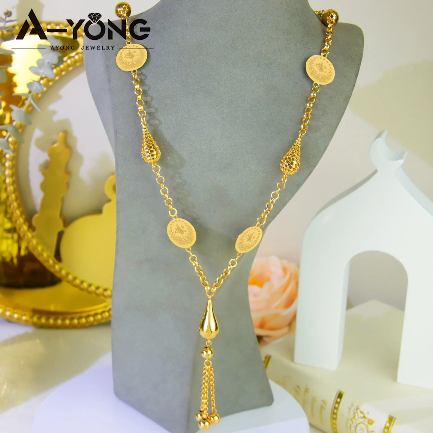 Middle Eastern Muslim Charm Necklace 21k Gold Plated Arabic Fashion Wedding Long Chains Algeria Women Wedding Party Jewelry 251015