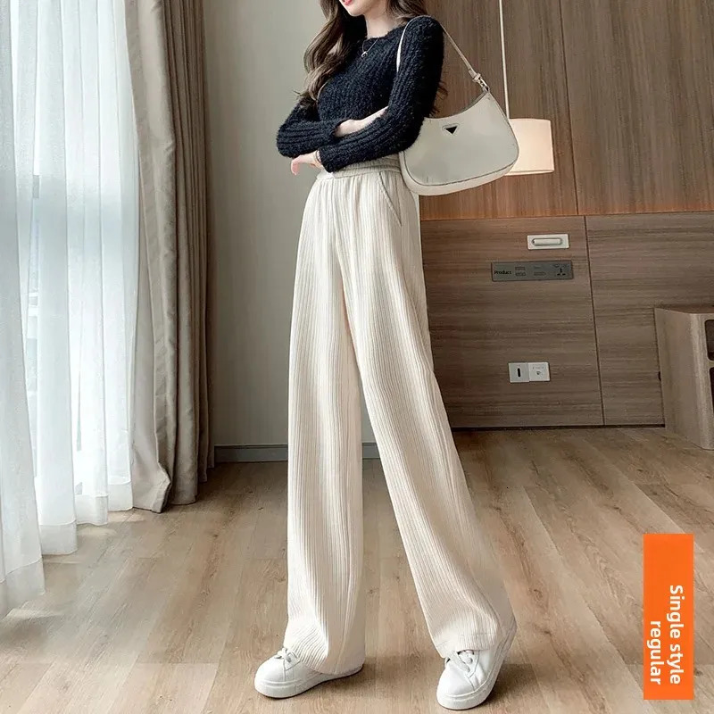 Womens Fleece Lined Wide Leg Pants Autumn Winter Corduroy Slimming Casual Drapey Fashion Loose Fit Trousers 251015