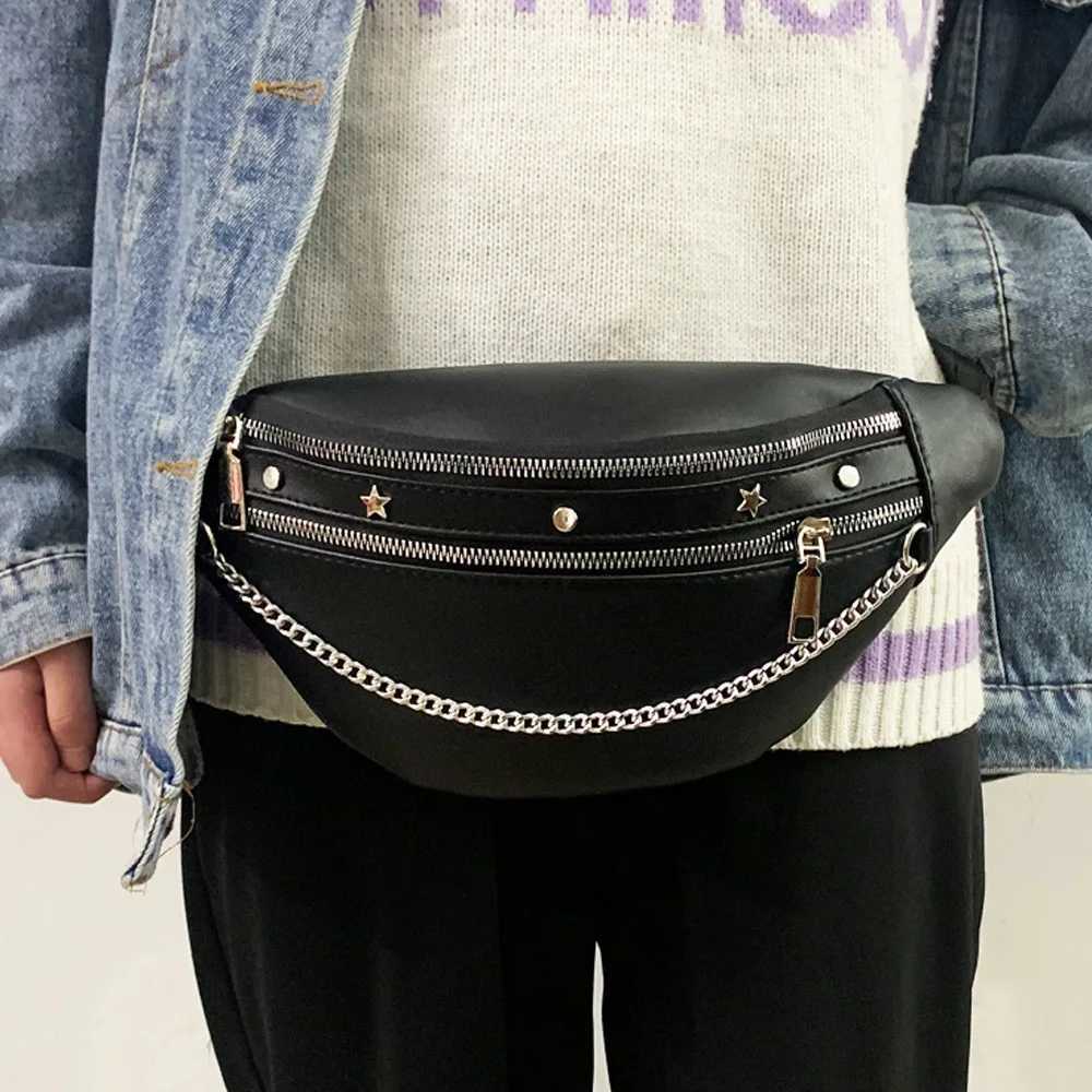 Cross body bag for women 2024 new PU waist bag punk chain rivet chest bag fashionable and trendy womens bag Z251021