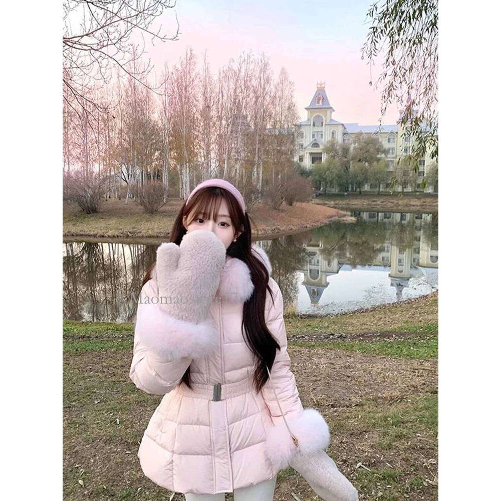 Korean Sle Women's Cotton Jaet With Large Fur Collar Medium Length Waist-Cinching Faionable Outerwear womens coat