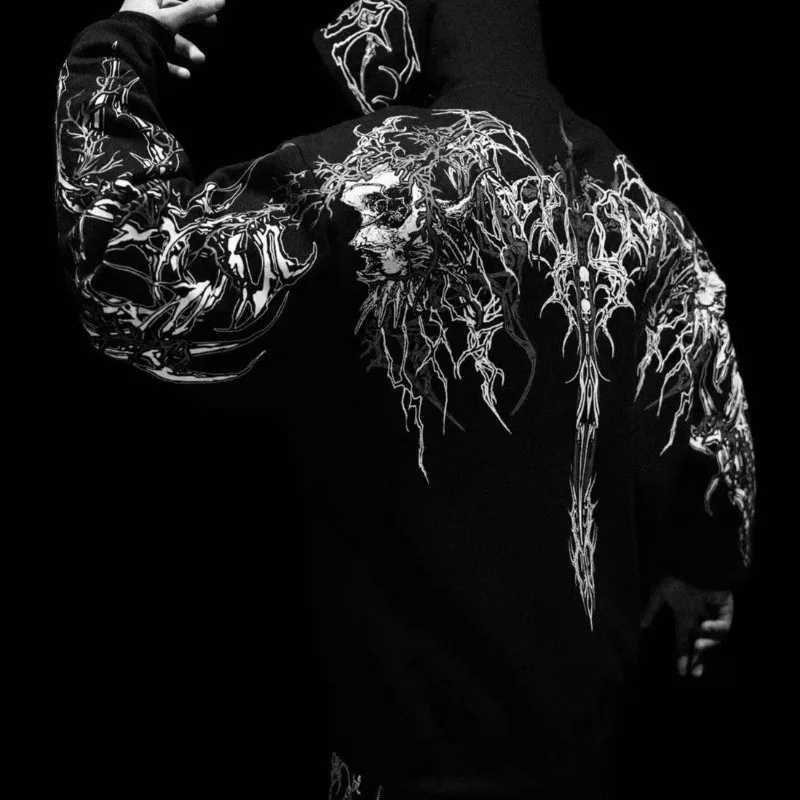 Gothic Skull Graphic Print Fitness Oversized Hoodies men clothing Y2K vintage Streetwear Hip Hop Skateboarding Casual Sweatshirt W251021