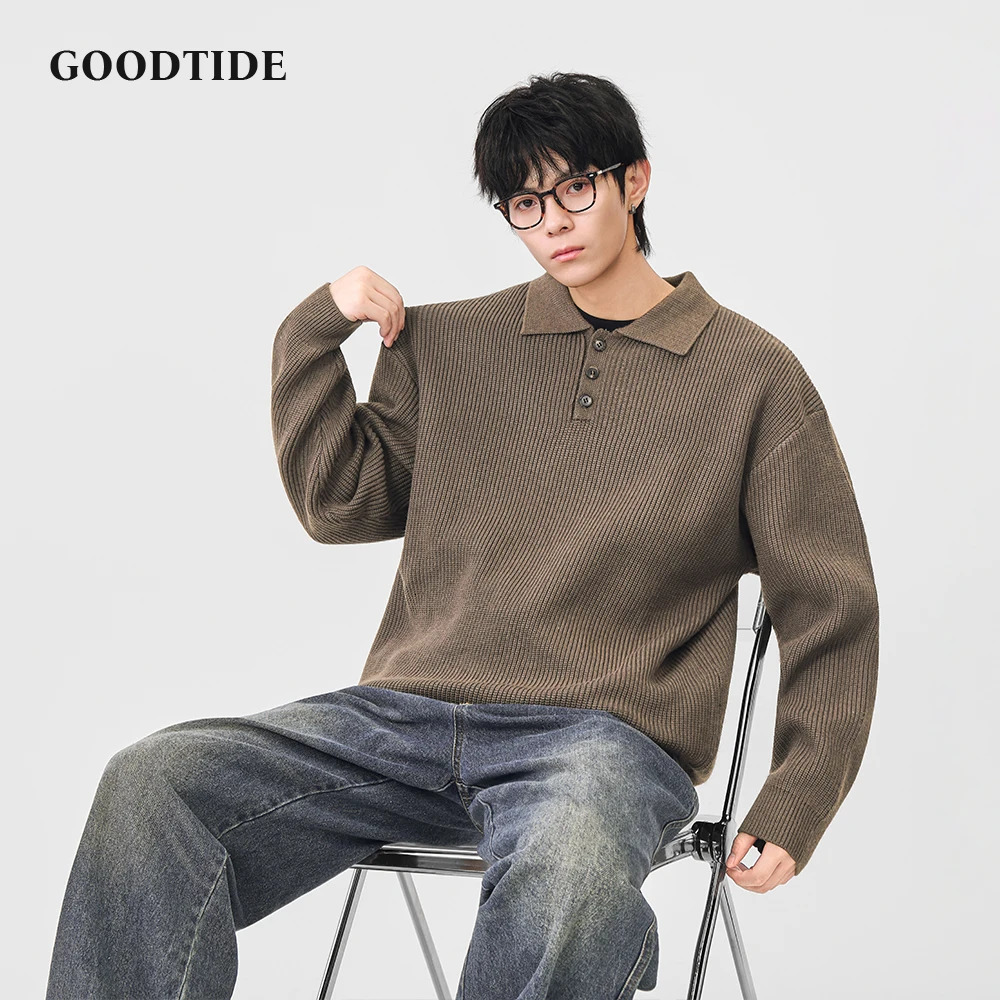 Fashion Mens Casual Polo Collar Sweater 2025 Winter Ribbed Knitted Pullover Button Placket Soft Long Sleeve Jumper Top 251020