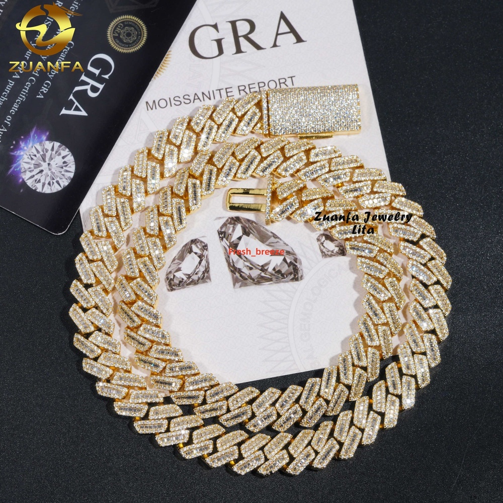 Hip Hop New Style Iced Out Silver 12MM Width Baguette Moissanite Diamond Gold Plated Cuban Link Chain