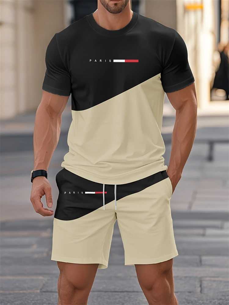 Summer Mens Stripe Letter Print Short Slve Top Shorts 2 Pieces Set Oversized Loose Round Neck Tshirt Man Drawstring Shorts X251021