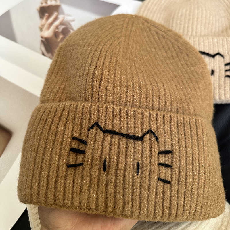 Hat Versatile 2025 Autumn Winter Style Knitted Hat New Cute Cat Handmade Embroidery Warm Ear Protection Knitted Fashion H251020
