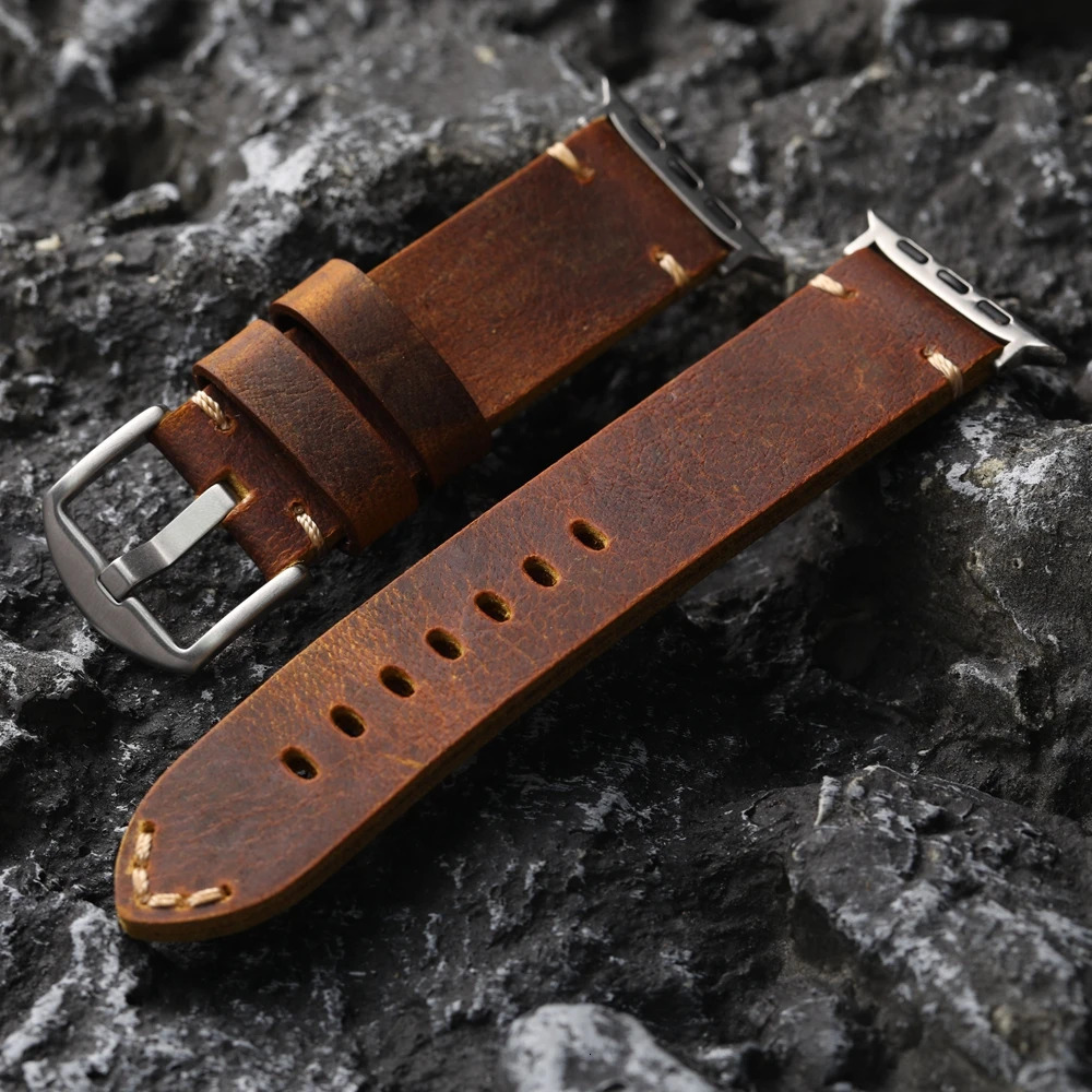 Handmade Top Layer Cowhide Strap Retro Style For iWatch Watch Ultra 2 49MM 45MM 44MM 42MM Men Thickened Watch Chain Brown 251016