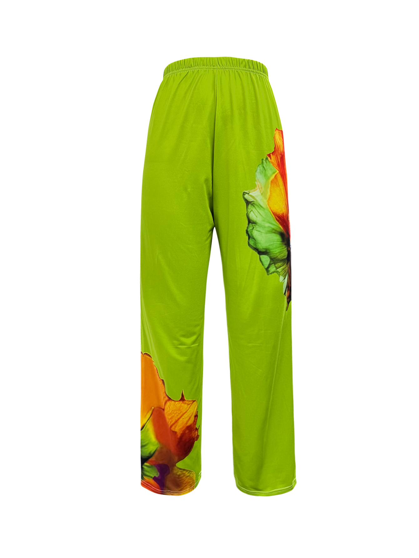 Women's Fashion Green Floral Printed Commute Casual Wide-Leg Pants, Milk Silk Versatile Trousers-CF52565