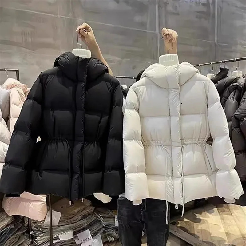 Autumn Winter Lightweight Warm Cotton Jacket Women Coat Hooded Drawstring Waist Cinching Slim Fashion Parka 251021