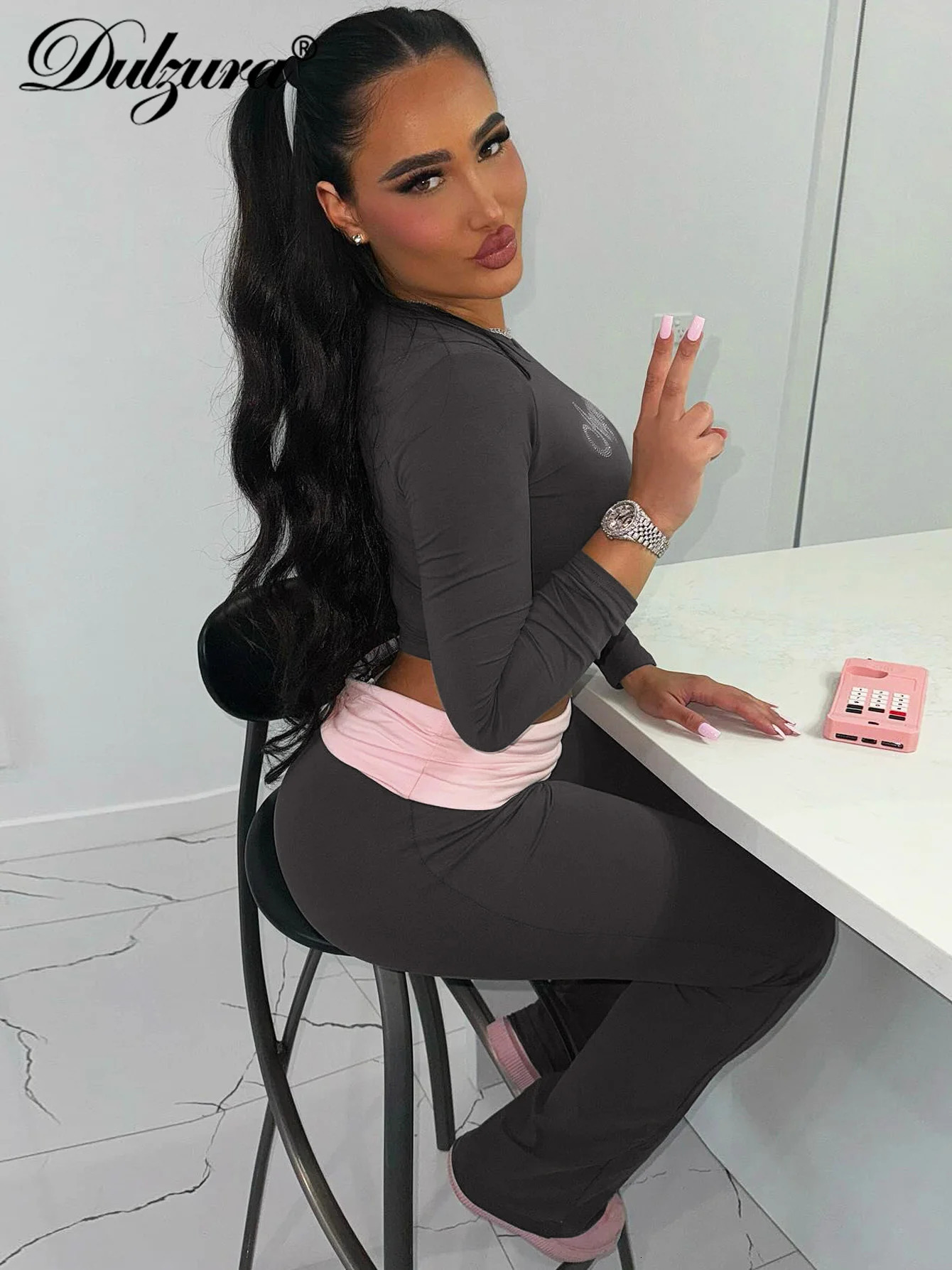 Dulzura WomenS Sexy Casual 2 Piece Pants Set Long Sleeve Letter Print Bodycon Crop Top And Flare Matching Streetwear 251021