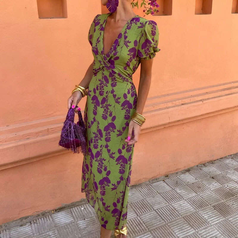 2025 Women's Autumn Fashion Color Block Print Long Elegant Slim Fit V-neck Short Sleeve Dress