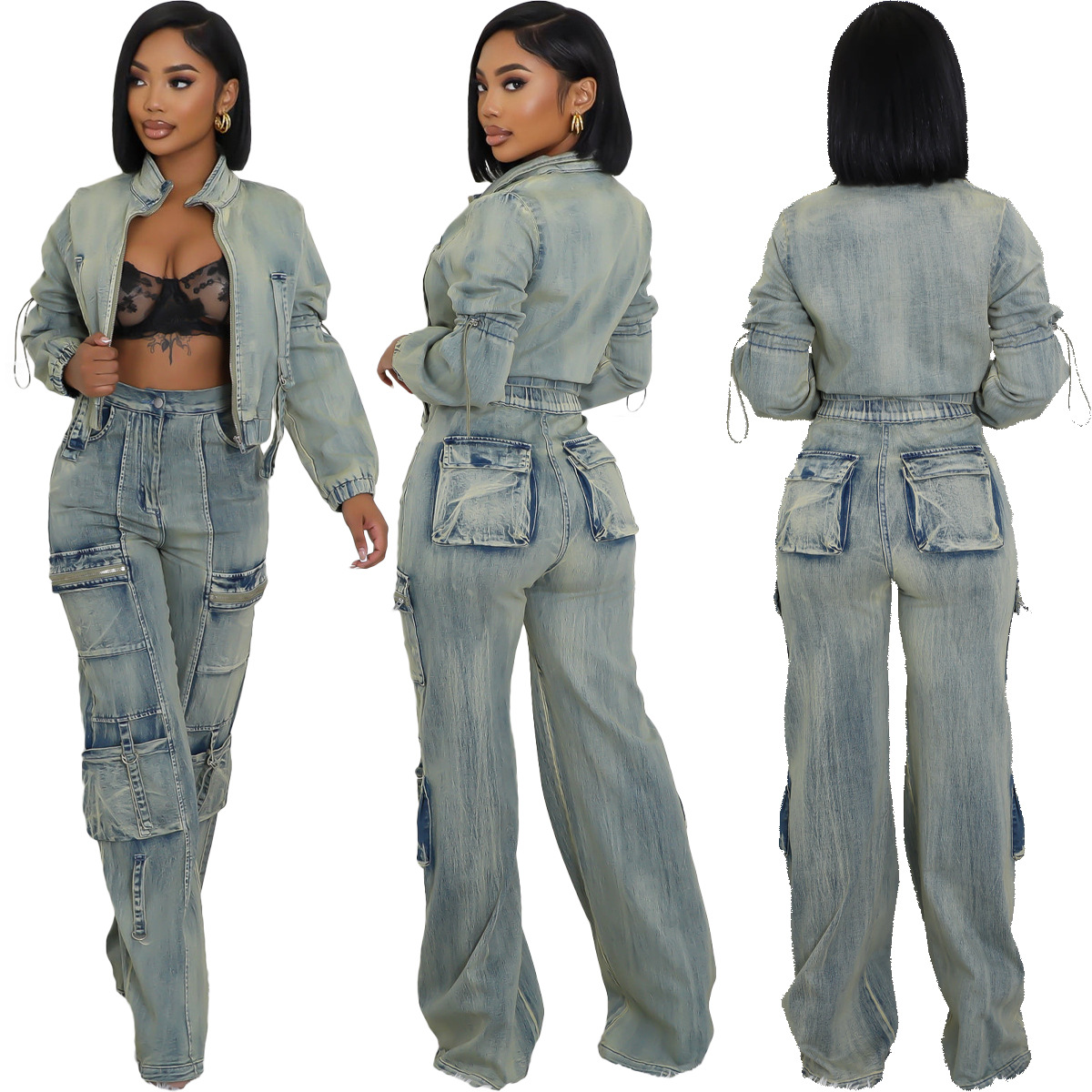 Women's Two Piece Pants Mlaiscsr Vintage Stretch Denim 2 Sets Women Zip Slim Jackets And Pocket Cargo Jeans Outfit Streetwear Winter Suits