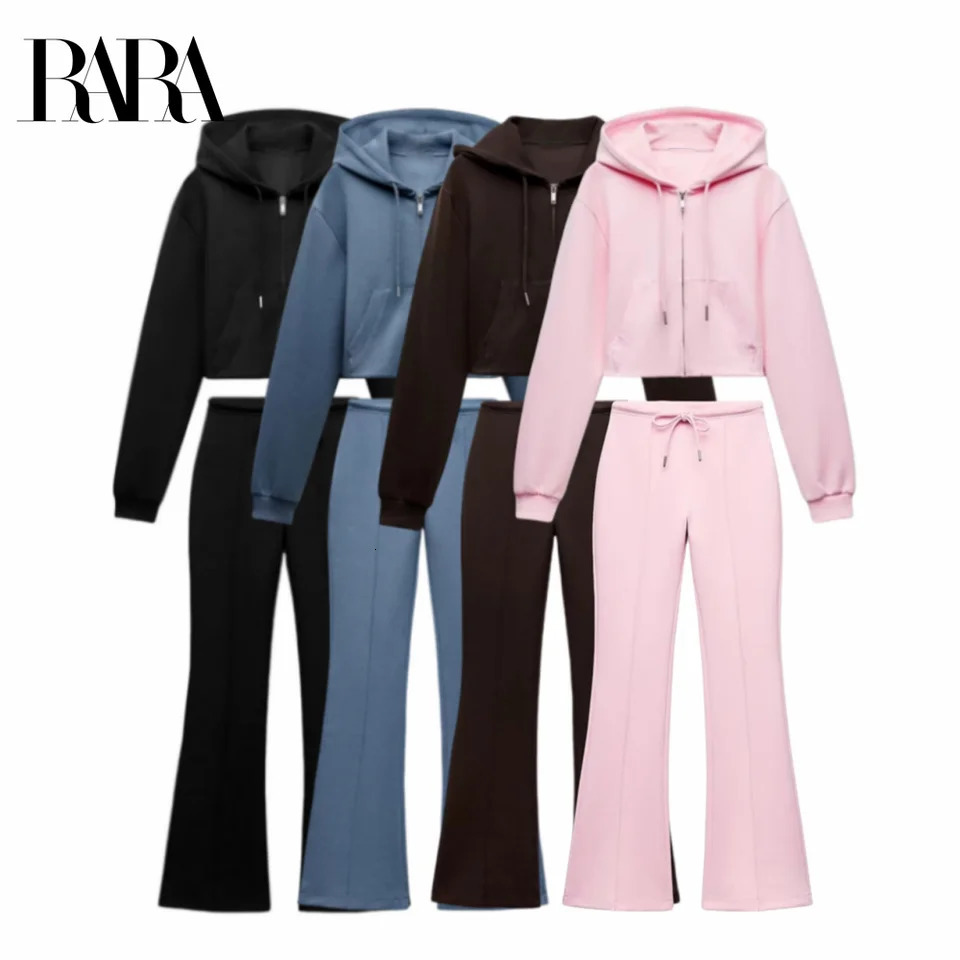 RARA Womens Hooded Zip Up Cropped Jacket and Drawstring Flared Pants Set Cozy Stylish for Daily Sporty Looks 251021