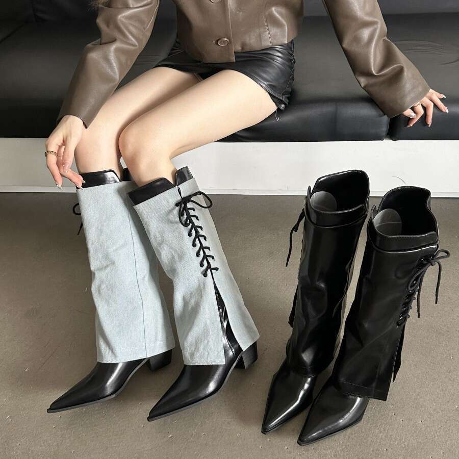 Pointed Toe Chunky High Heel Long 2025 Autumn Winter New Denim Lace-up Cuff Designer Shoe Niche Fashion Boots for Women