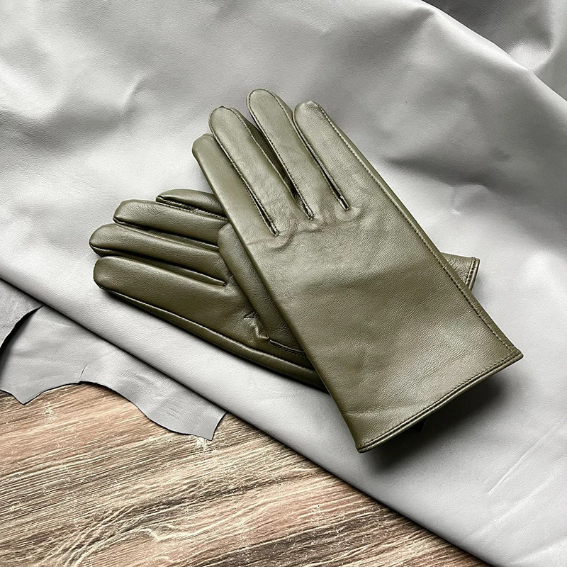 Mens Genuine leather gloves Elegant Army green Warm Gentleman sheepskin gloves in winter Wrist snap fastening 251020