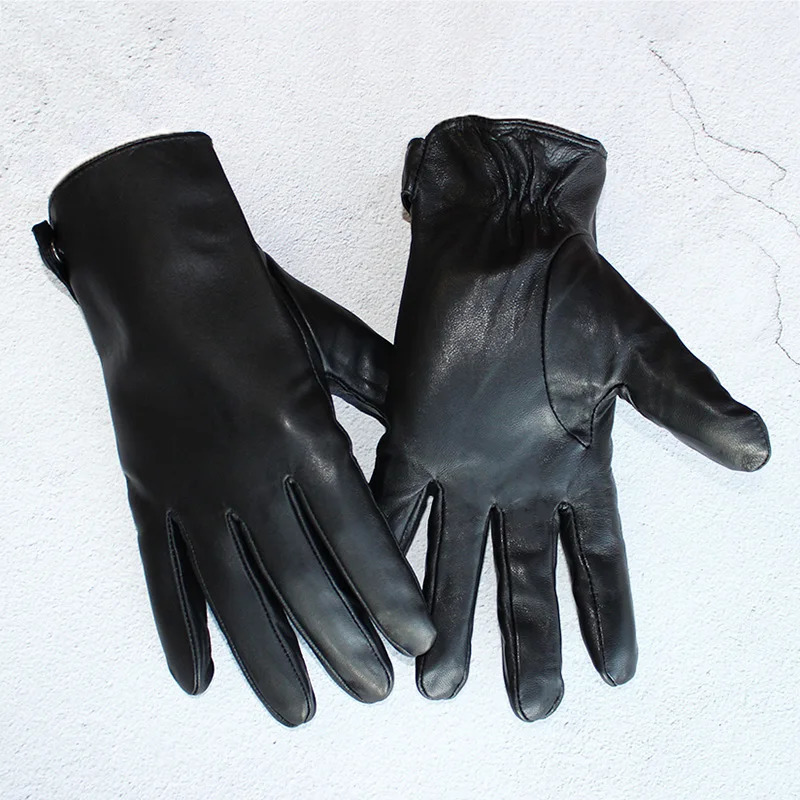 Winter Warm Sheepskin Leather Gloves Mens Plus Velvet Thickening Outdoor Windproof Motorcycle Riding Black Finger Gloves 251020