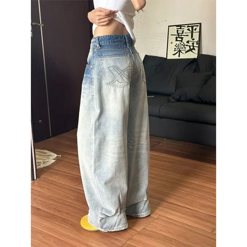 Vintage Embroidered Jeans Women American Retro Low Rise Wide Leg Pants Y2K Scimitar Pocket Denim Fall Loose Fit Strai 251020