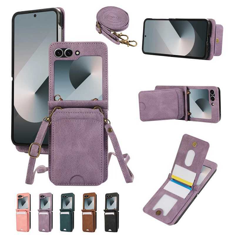 Leather Wallet Card Holder Case for Galaxy Z Flip 7 6 5 4 3 ZFlip Flip6 Flip5 Flip7 with Crossbody Lanyard Bag Cover J251114