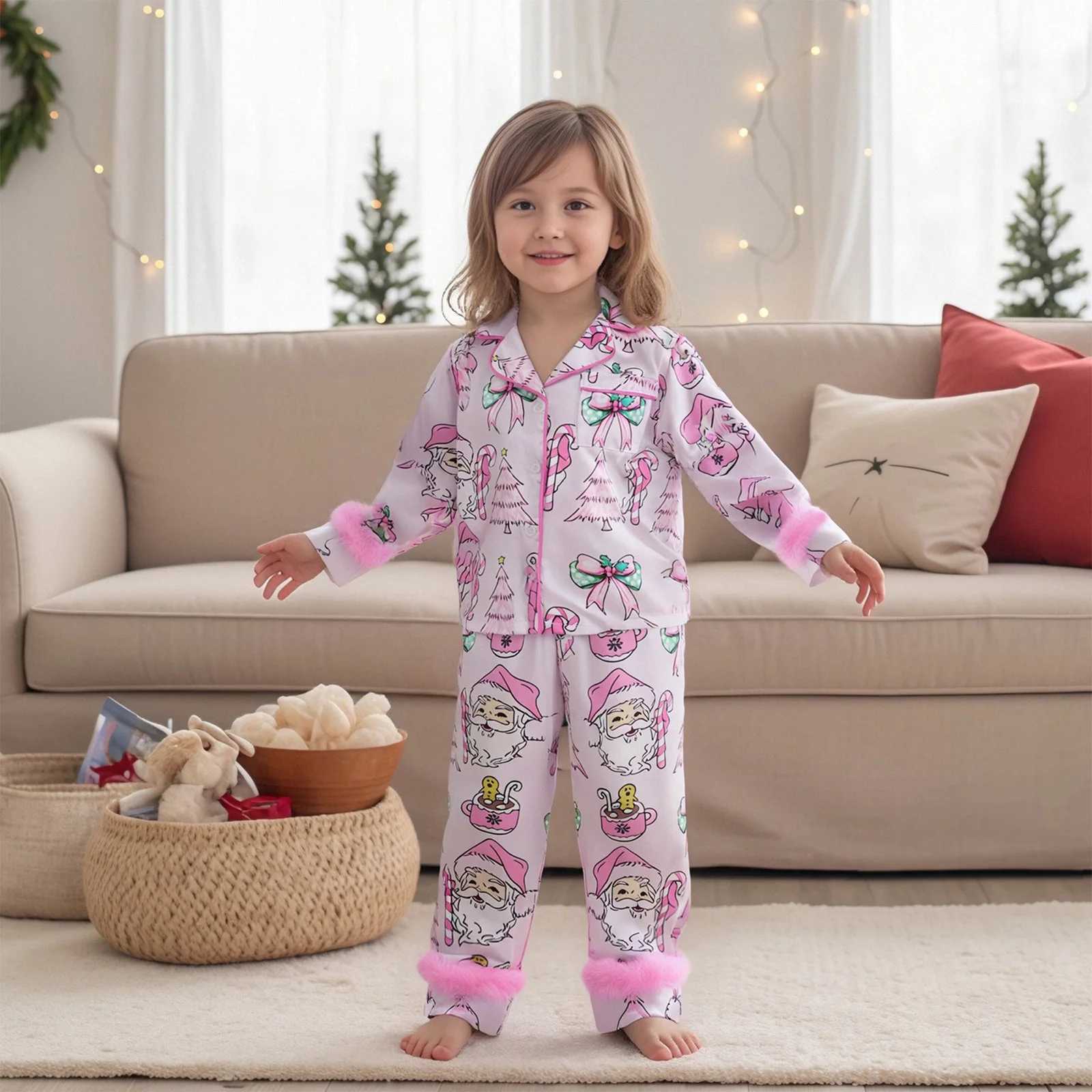 Mommy and Me Matching Pajamas Santa Tree Print Button Down Long Sleeve Lapel Tops Pants Family Sleepwear L251021M9U3