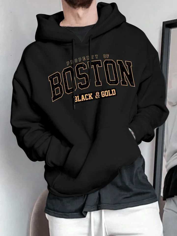 Mens autumn and winter casual fashion loose Boston letter pattern printed long sleeved hooded sweatshirt warm pullover W251021