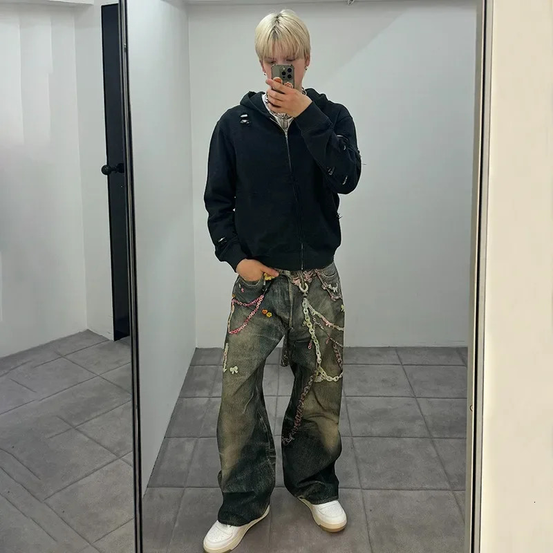 American High Street 3D Digital Print Candy Chain Weathered Knife Straight Leg Casual Jeans for Men And Women 251017