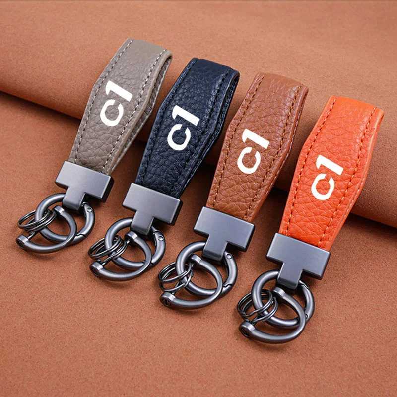 Luxury Genuine Leather Plaid Keychain Women Men Black Buckle Car Chain Holder For Citroen C1 Auto Accessories Square Pattern W251021