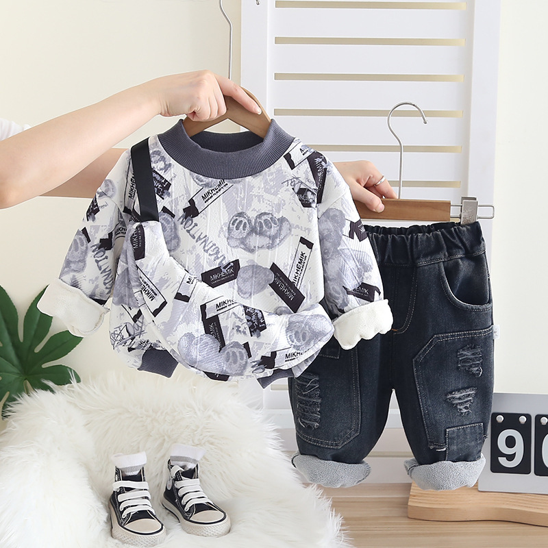 2025 Boys Fleece-Lined Hoodie Set 2-Piece, Korean Street Style Winter Outfit for Toddler Boys