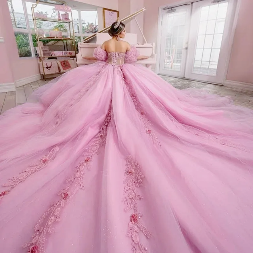 Pink Off Shoulder Quinceanera Dresses Tull Applique Flower Crystal Beading vestidos de 15 Quinceanera Sweet 16 Dress