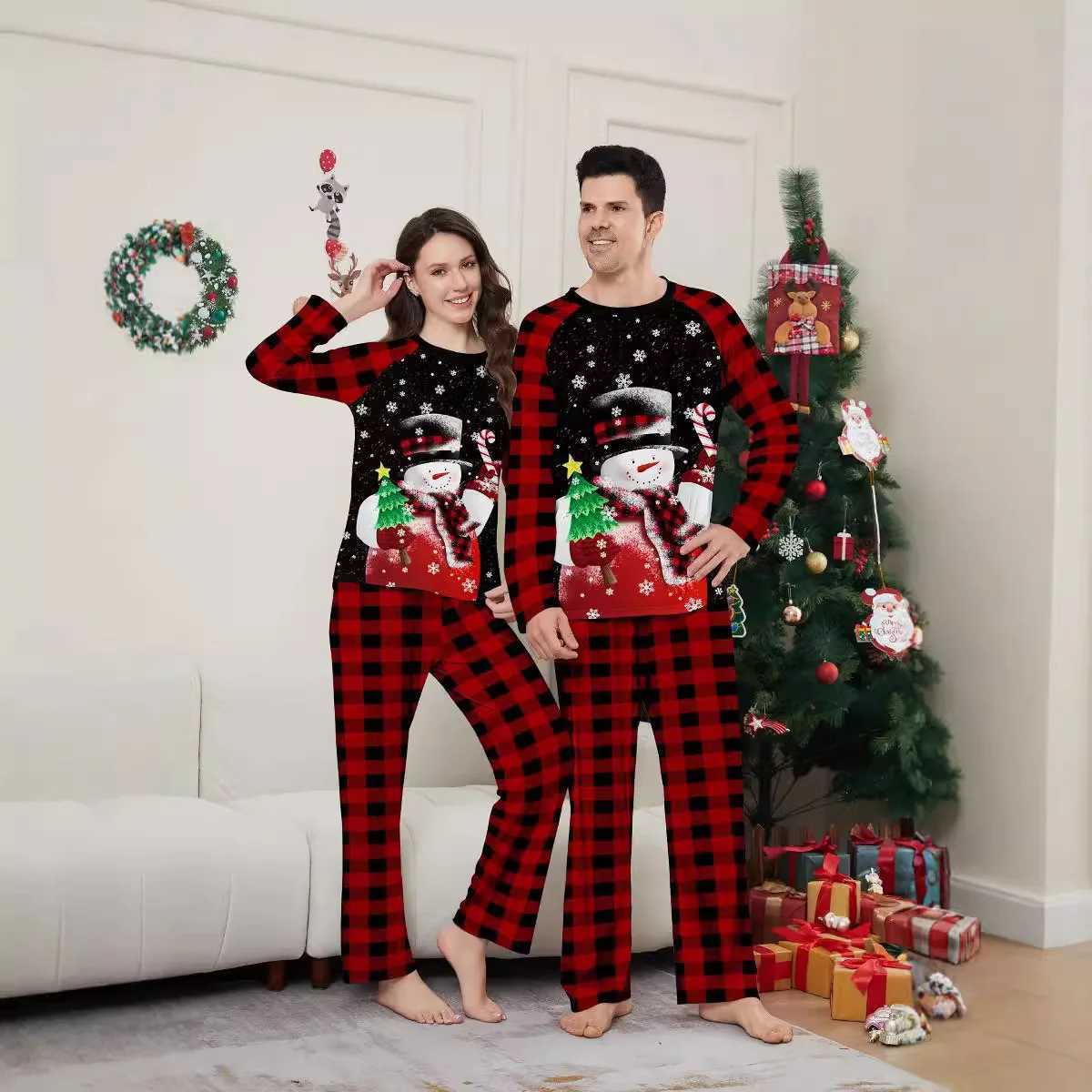 New childrens home wear set cute Christmas snowman tree print pajamas and pajama pants red and black checkered Christmas L251021BL2B