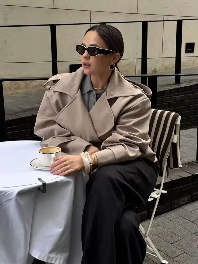 Fashion Lace up Cropped Trench Coat Women Lapel Long Sleeves Wide Shoulder Windbreaker Jacket Fall Commuting Daily Jackets 251021