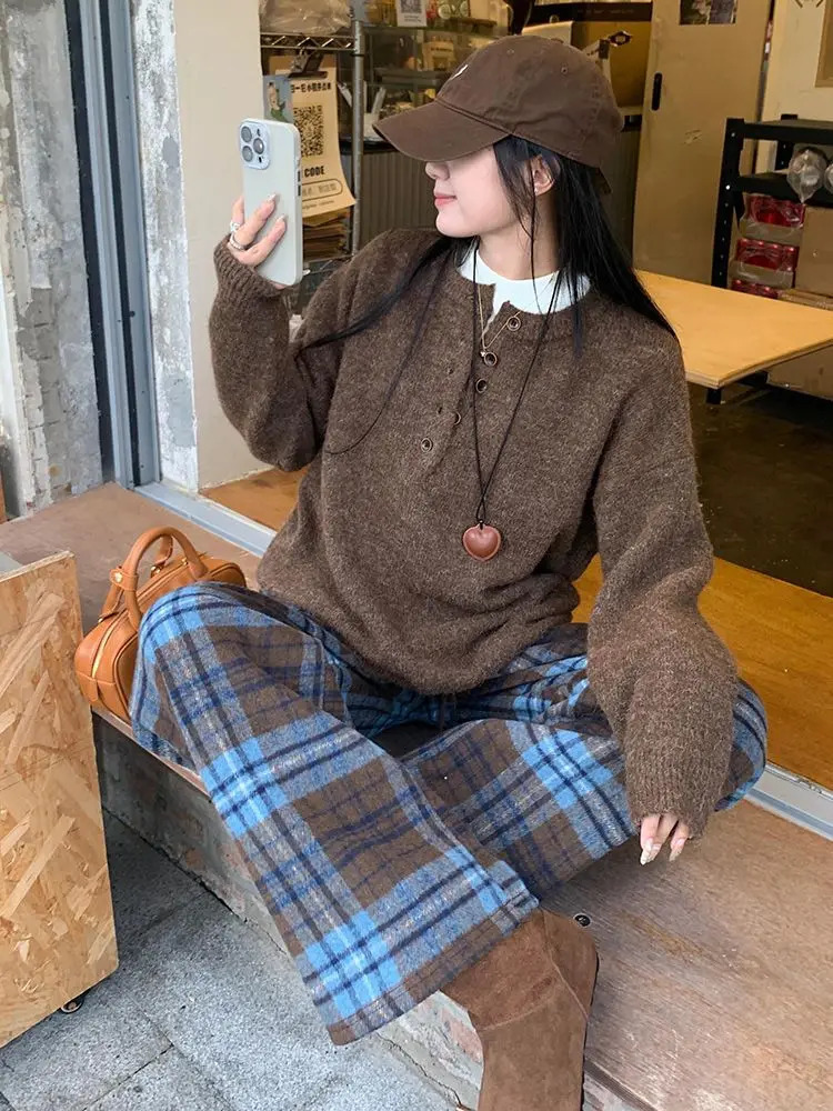 Retro Blue Plaid Drawstring Laceup Wide Leg Pant Autumn Winter High Waist Loose Pleated Straight Trousers Streetwear Casual Y2k 251020