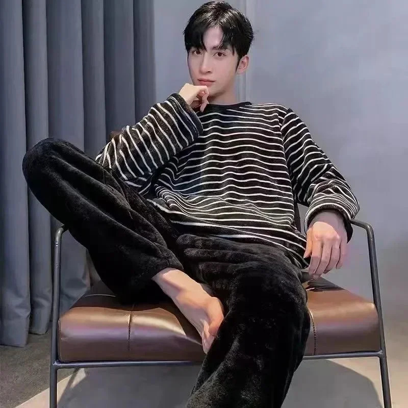 Men Winter Warm Flannel Pajama Sets Long Sleeve Thick Homewear For Men Coral Velvet Cute Cartoon Sleepwear Suit Pyjamas Homewear 251021