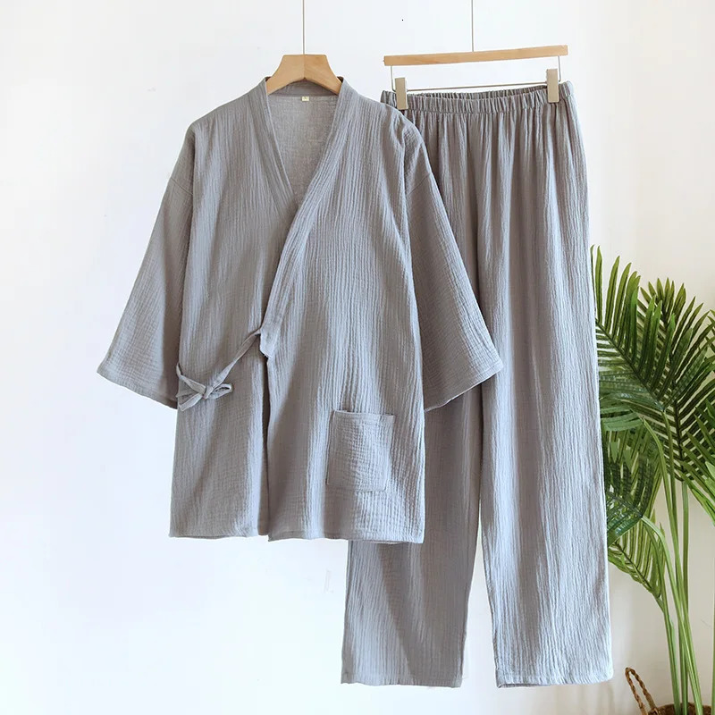 Large Size Kimono Robes with Pocket and Long Pants 2 Pcs Pajamas Set for Men Sleepwear Clothes Cotton Pjamas for Men 251021