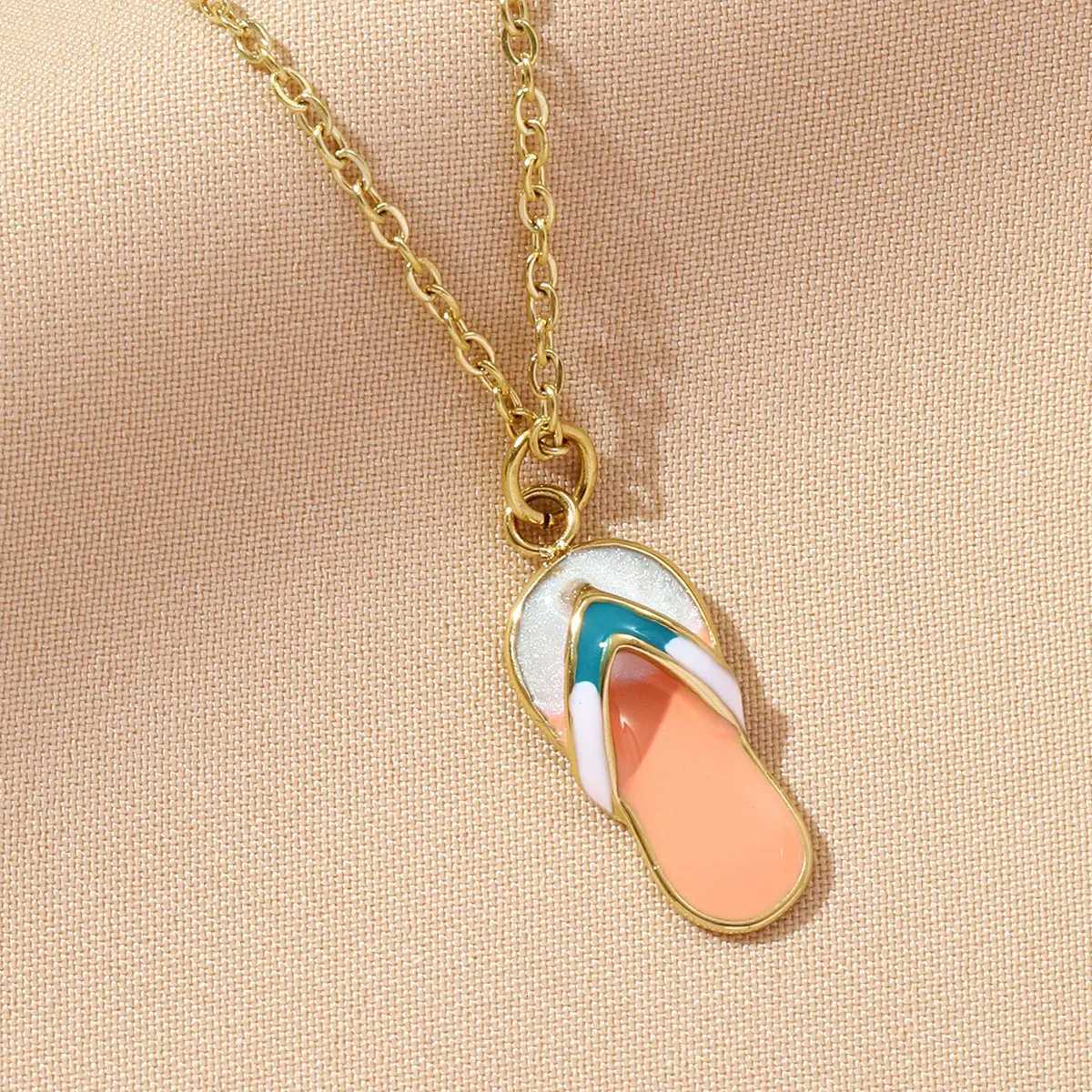 Waterproof Stainless Steel Cute Enamel Beach Slippers Charm Necklace 14K Gold Color Pendant Choker Jewelry For Women Daily Wear XJ250717