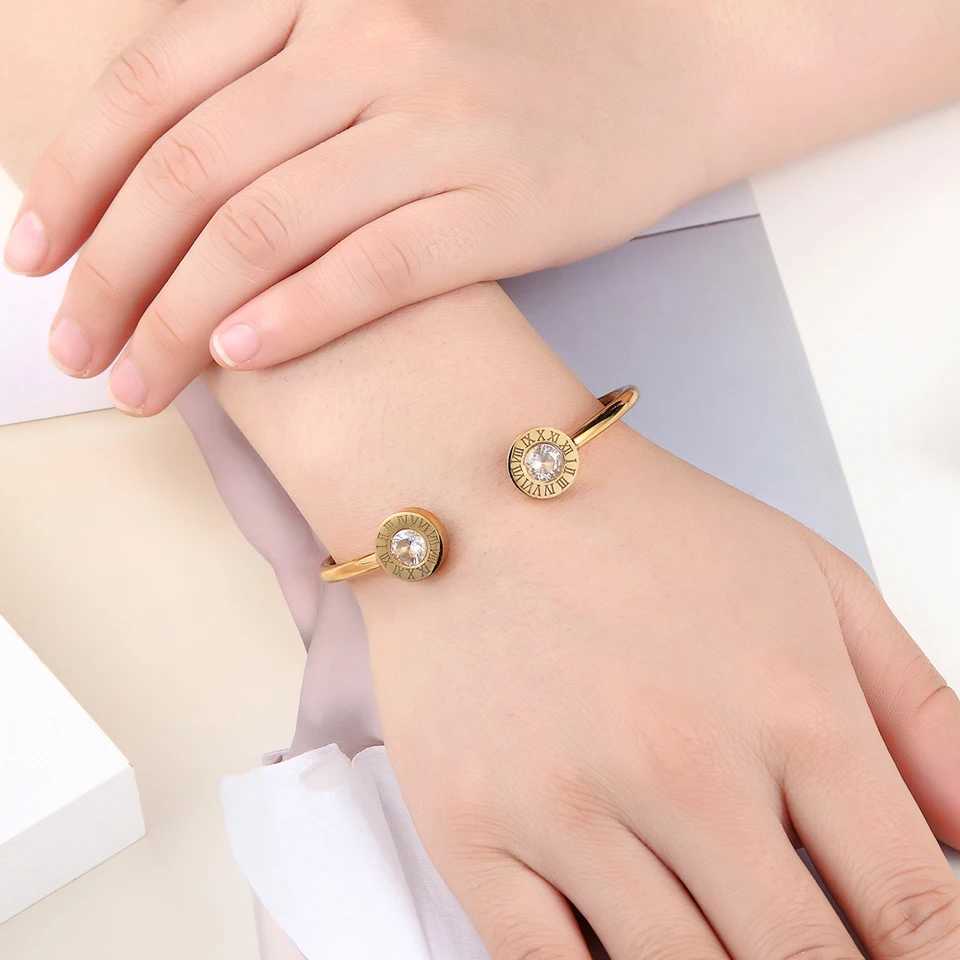 Adjustable Open Stainless Steel Bracelets Bangles 3 Color Cuff Bracelet For Women Roman Letters Crystal Jewelry Gift For Girls J251021