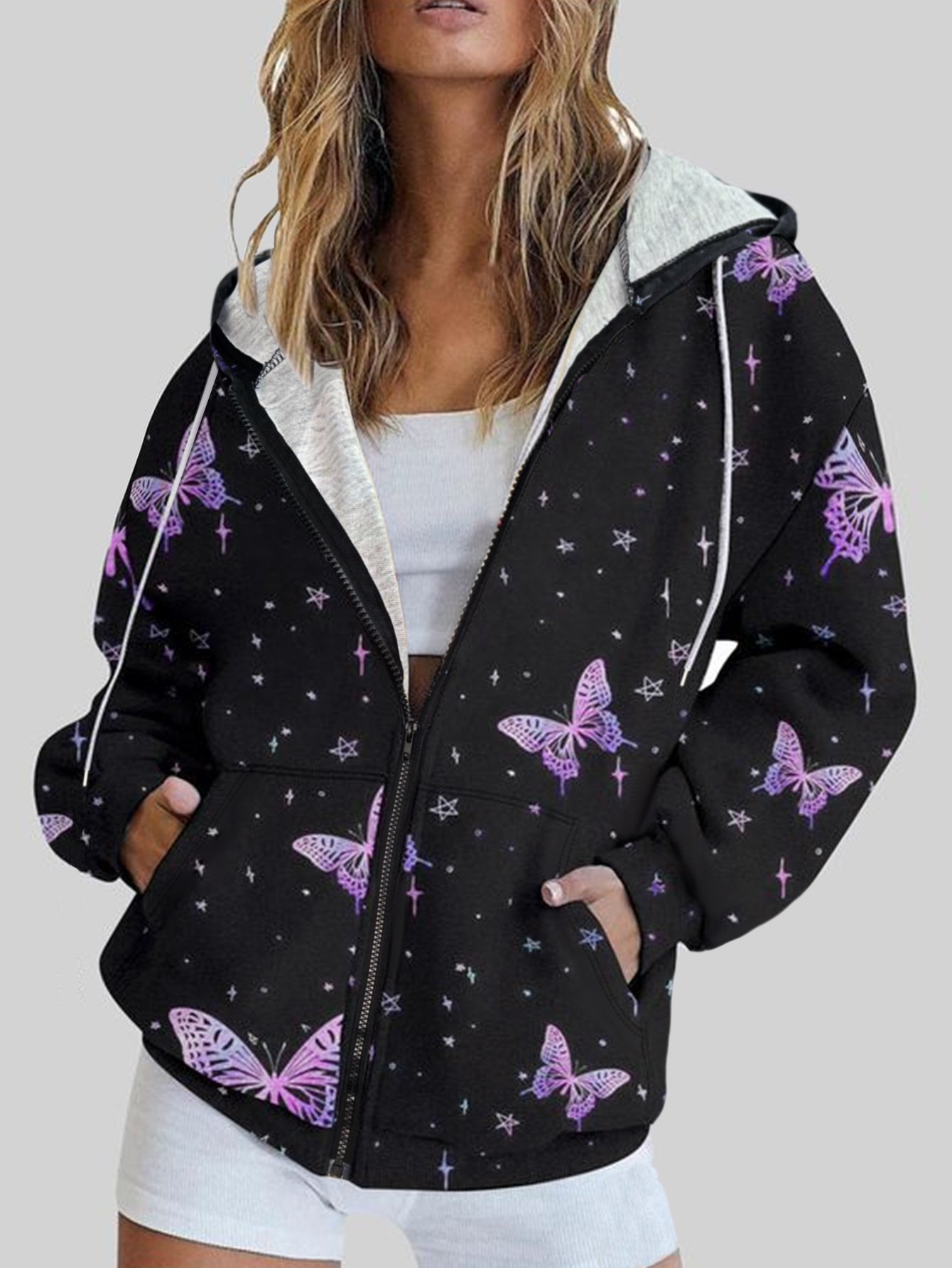 Women's Autumn & Winter New Butterfly Printed Hooded Jacket, Milk Silk Casual Commute Versatile Zip-Up Coat (S-XXL, Black)-CF41100