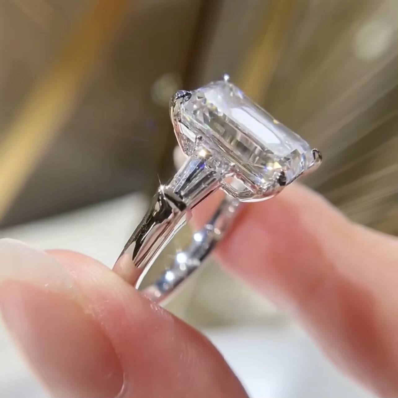 14K White Gold VVS DEF Color 4CT Emerald Cut CVD Lab Diamond Engagement Ring Three Stone Design