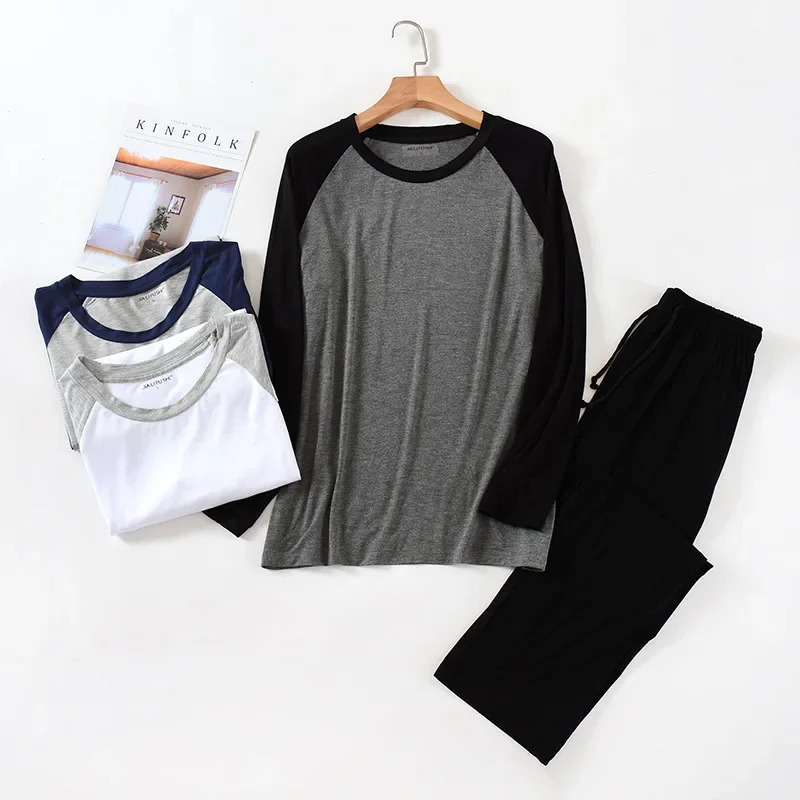 Spring and summer mens modal longsleeved trousers pajamas set splicing large size sports home service suit spring and autumn 251021