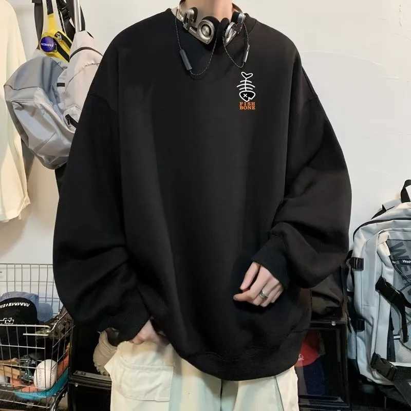M8XL Autumn Men Oversized Sweatshirts Fashion Loose Simple Graffiti Fishbones Print Long Sleeve Plus Velvet Couple Clothes J251021