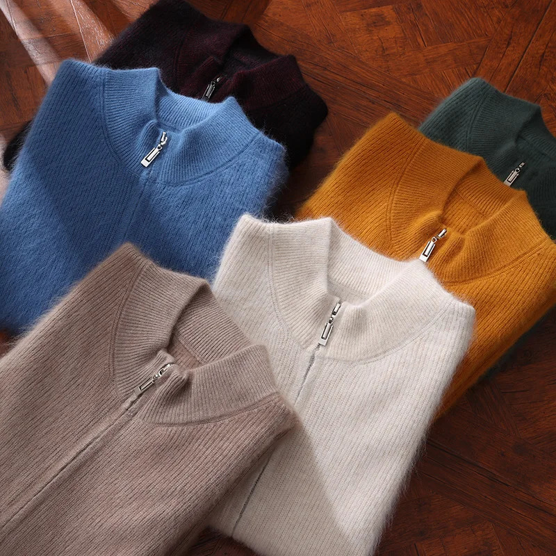 Mens 100Mink Cashmere Sweater Mock Neck Zipper Cardigan Thickness Smart Casual Cashmere Knitwear Coat Autumn Winter Mens Tops 251020