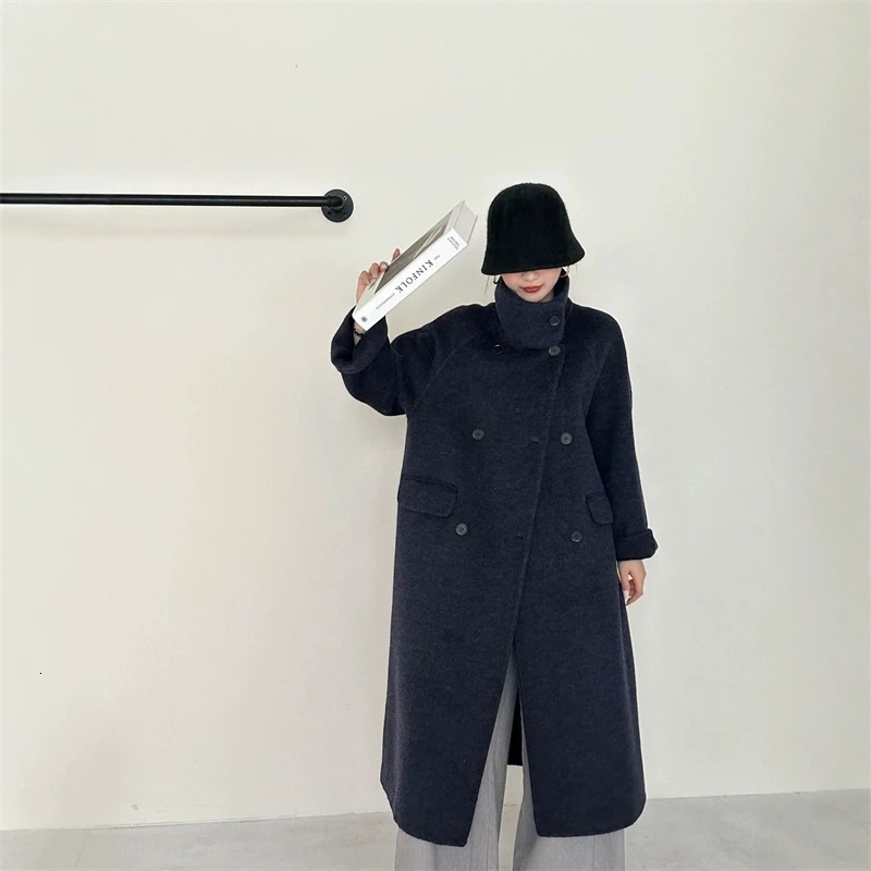 LANMREM Stand Collar Navy Blue Womens Doublefaced Woolen Coat Raglan Sleeve Double Breasted Autumn Winter Clothing 2DB4773 251017