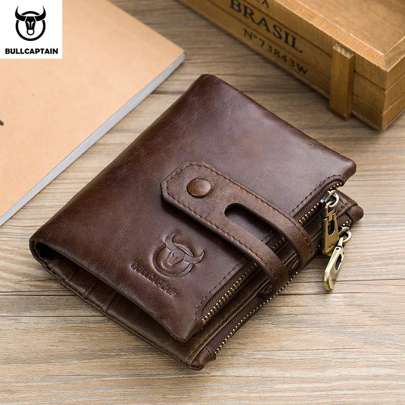 BULLCAPTAIN Genuine Leather RFID Men Wallet Credit Business Card Holders Double Zipper Cowhide Leather Wallet Purse Carteira 021 251013